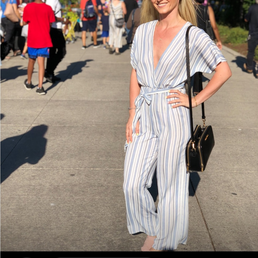 Blue and white striped jumpsuit